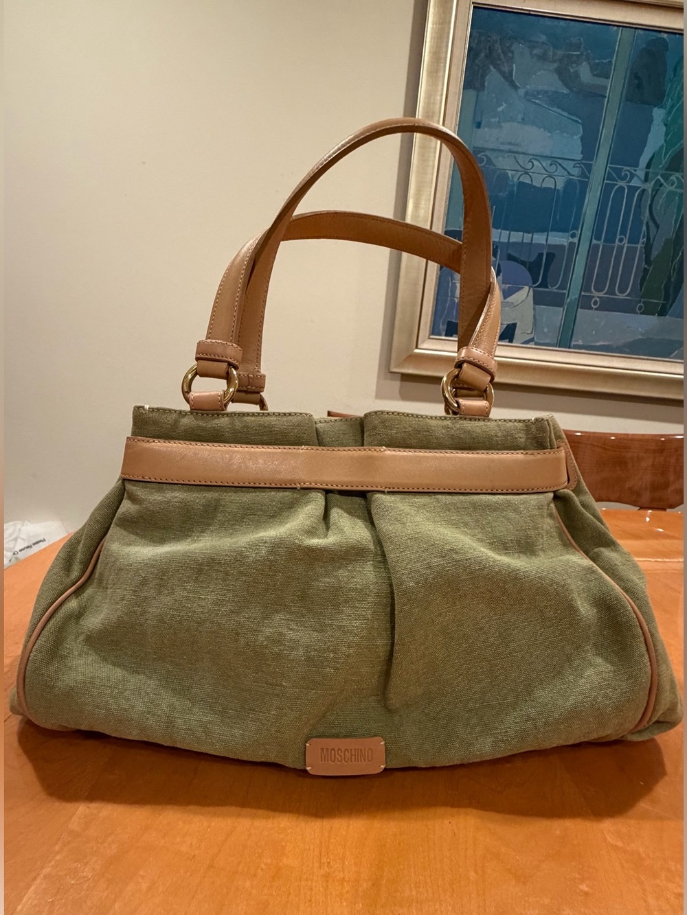 New Moschino Olive Canvas Shoulder Bag with Tan Leather Handles